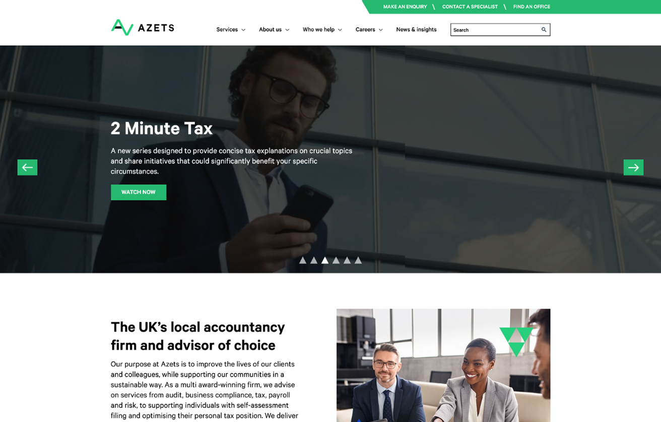 Screenshot of the previous design of azets UK.